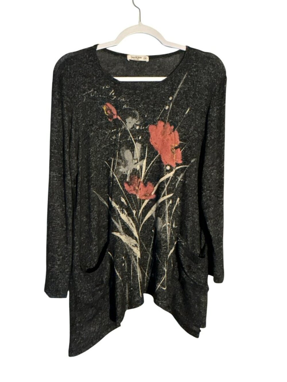 Jess & Jane Floral Long Sleeve Tunic Top With Pockets Asymmetrical Hemline M